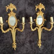 Pair of wall sconces with mirrors. Putti. Bronze. Floral Art Nouveau.
