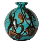 Vase boule en verre soufflé multicolores Tchèque vintage