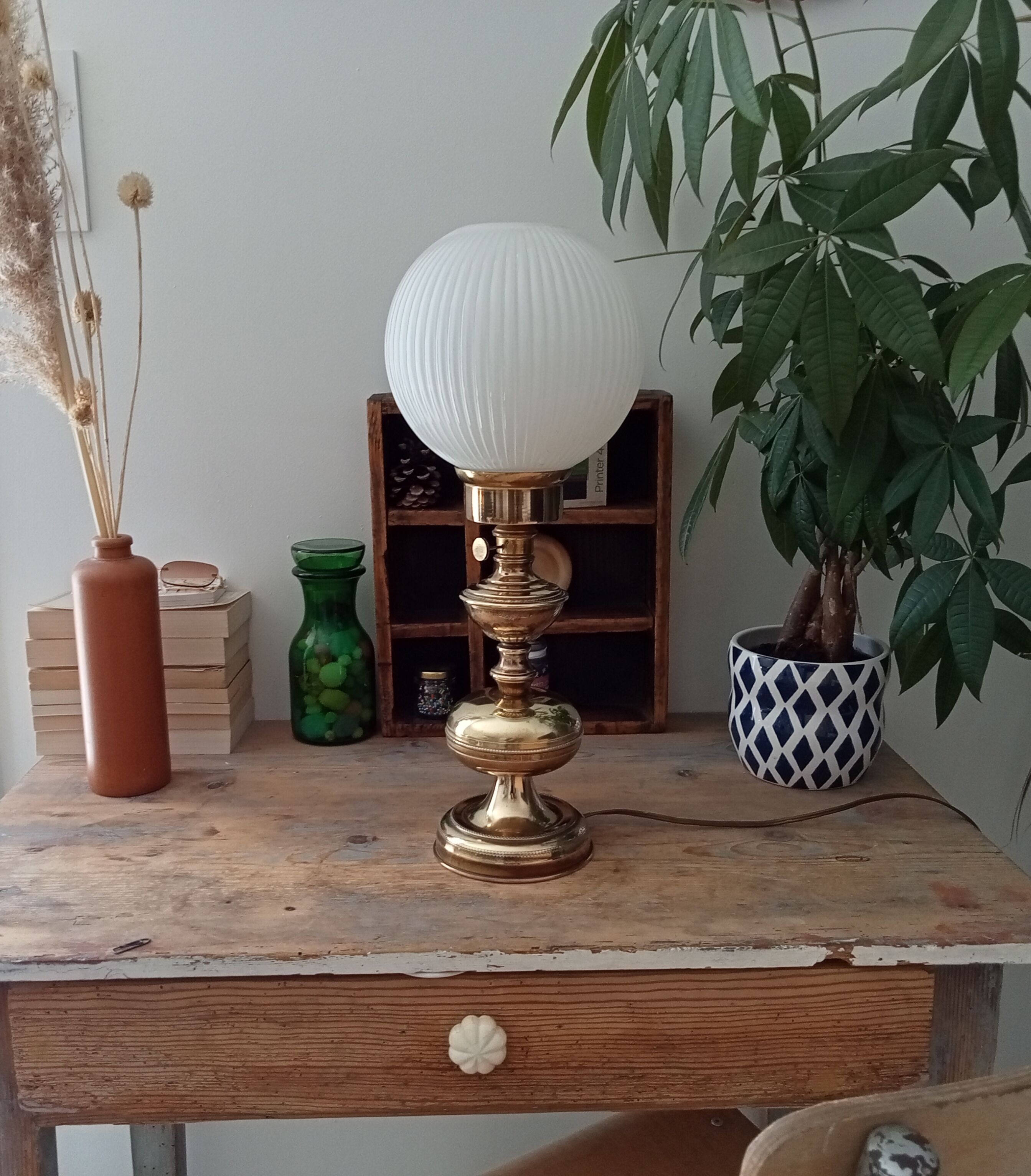 Vintage brass and opaline living room lamp