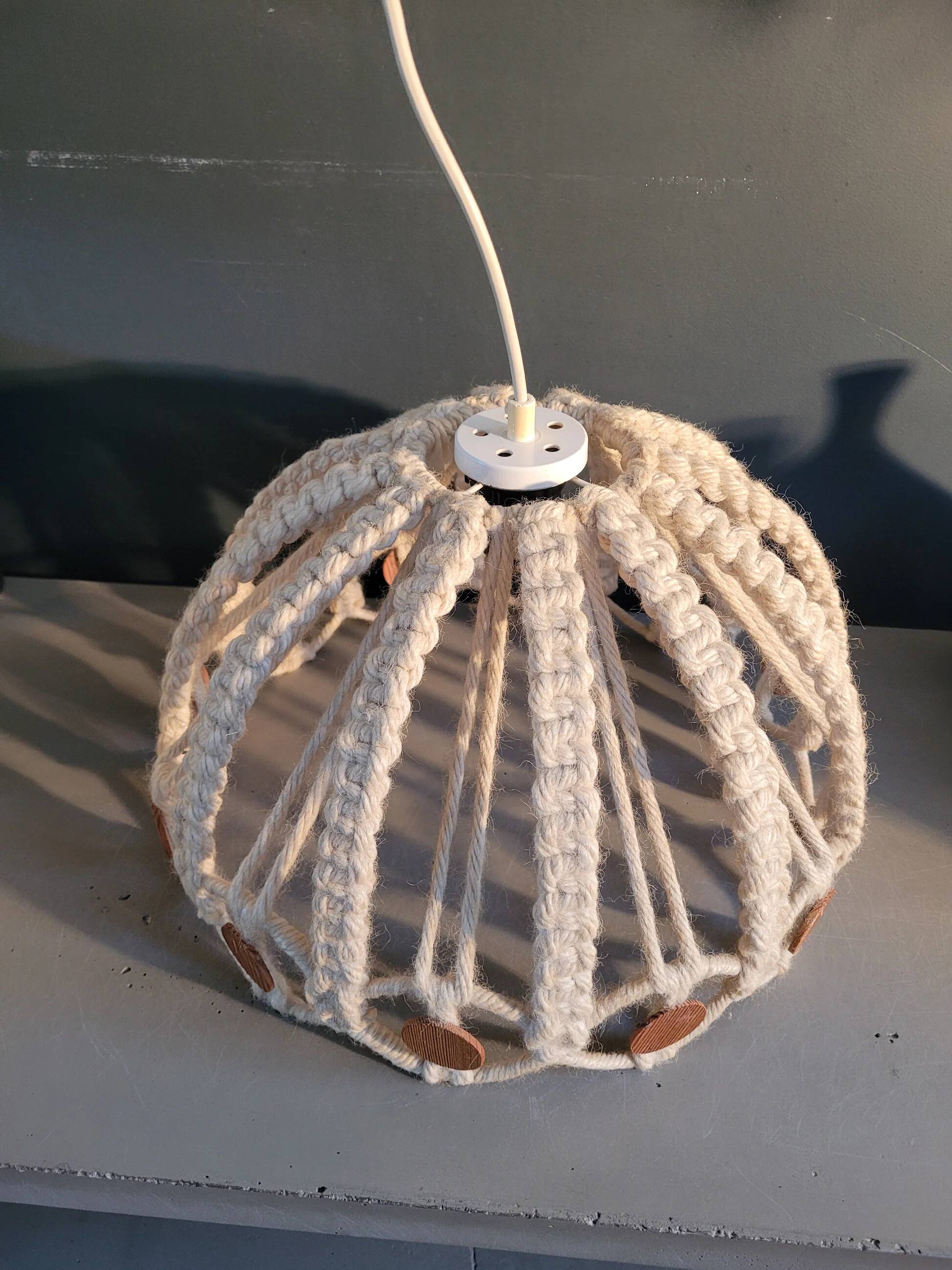 Vintage macramé and wood pendant light