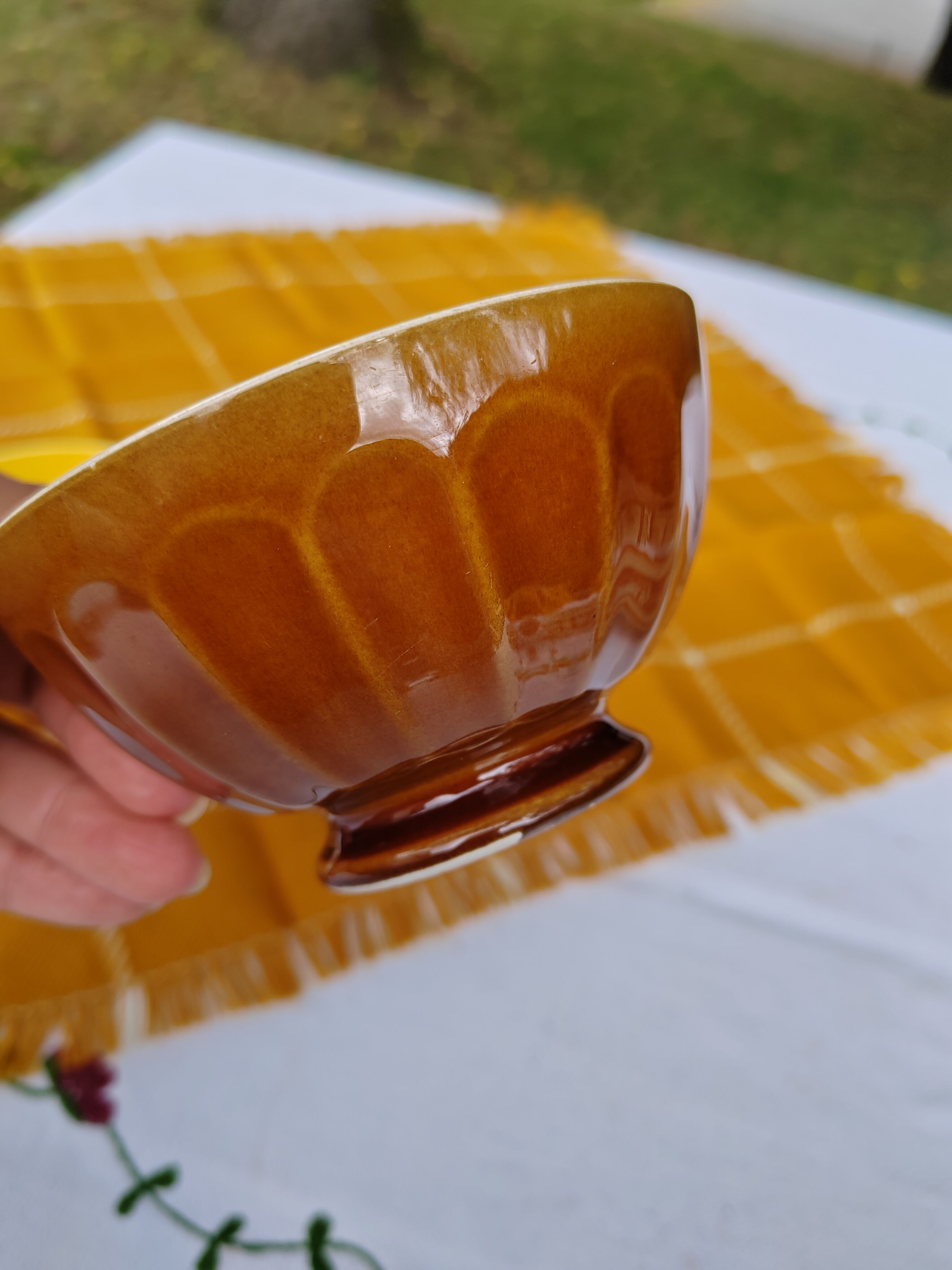Pair of brown/yellow ribbed bowls - Digoin & Sarreguemines
