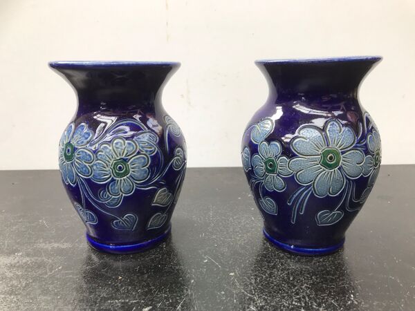 Paire de vases ancien Betschdorf grès émaillé bleu alsace vintage