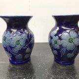Paire de vases ancien Betschdorf grès émaillé bleu alsace vintage