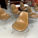 6 Herman Miller Eames stacking shell chairs with brown naugahyde pads