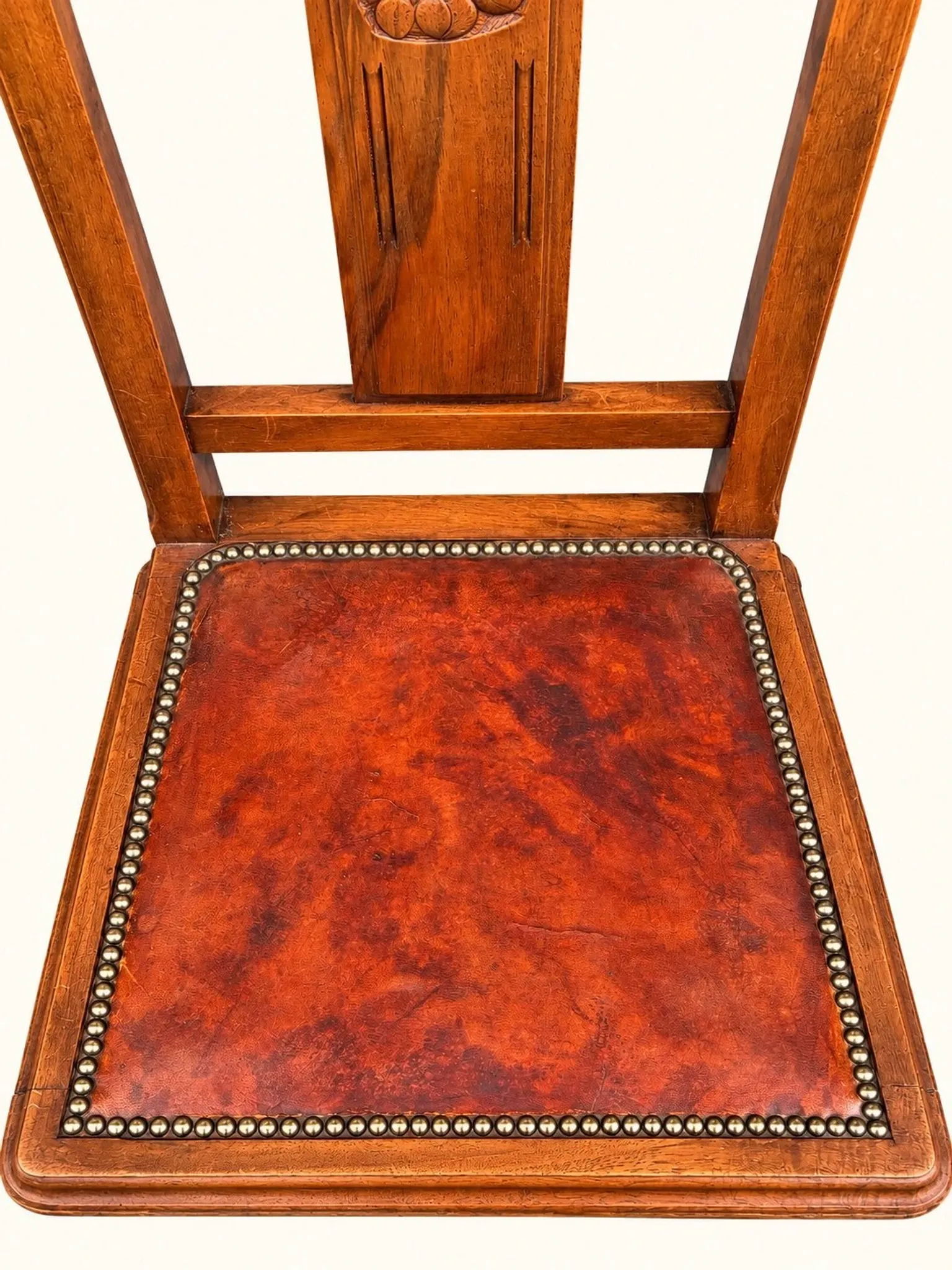 5 Art Deco Chairs in Carved Walnut, Upholstered with Studded Leather – 1920s