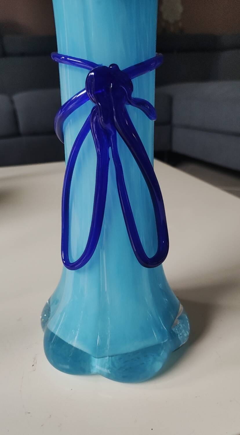 Large Murano Vase Floral Design, Opaline. Relief Ribbon Bow Decor