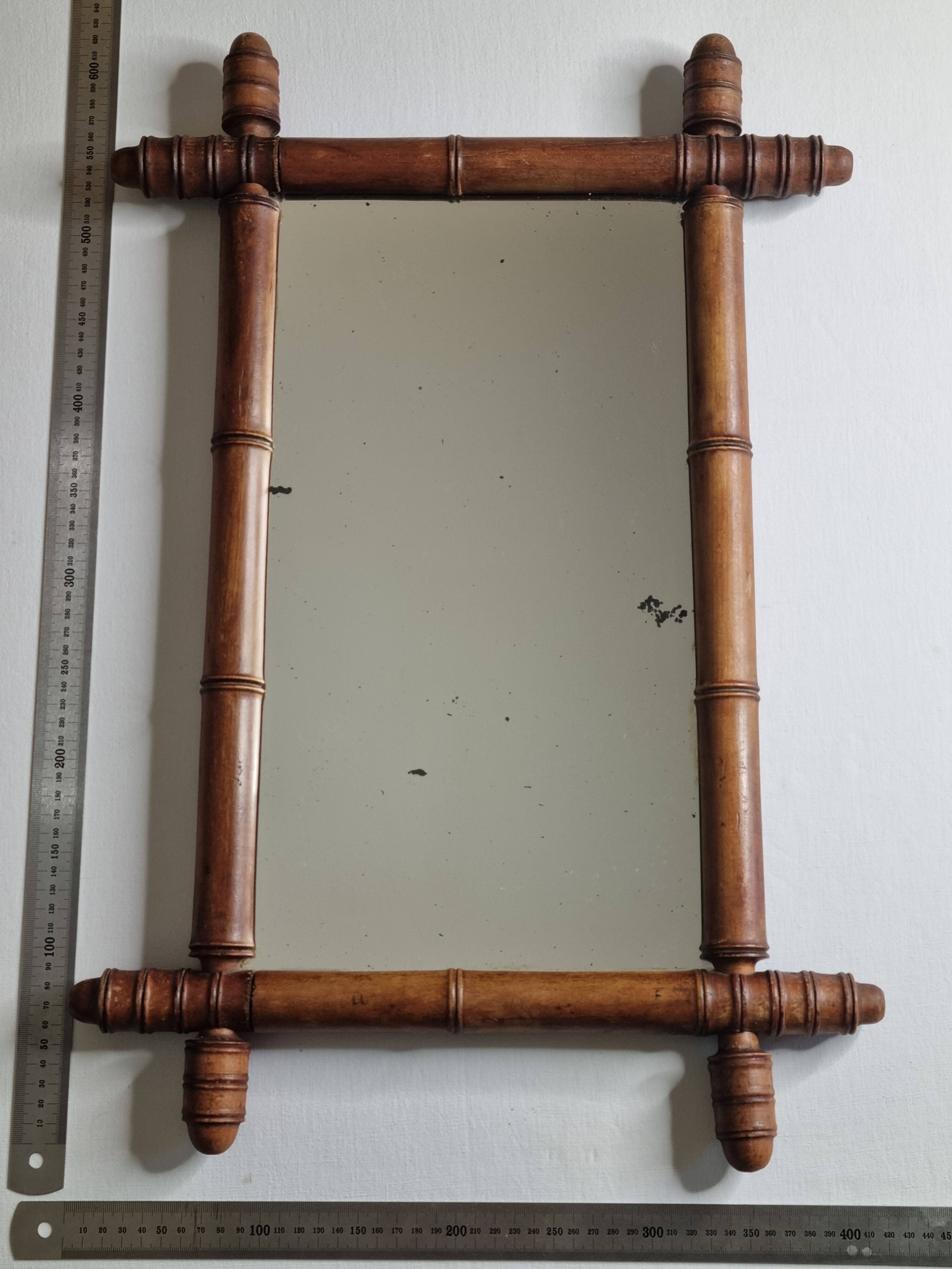 Antique bamboo-style mirror in turned wood – late 19th century, 62 x 42 cm