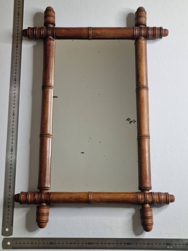 Miroir ancien de style bambou en bois tourné – fin XIXe siècle, 62 x 42 cm