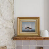 Sail Boats In The Ocean Antique Oil Painting