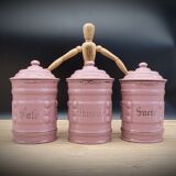 Trio pink enamelled pots