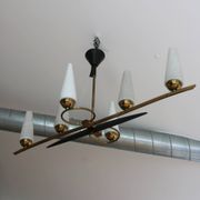 Lustre 6 feux Mid-Century - Opaline et laiton - Style Lunel - Arlus