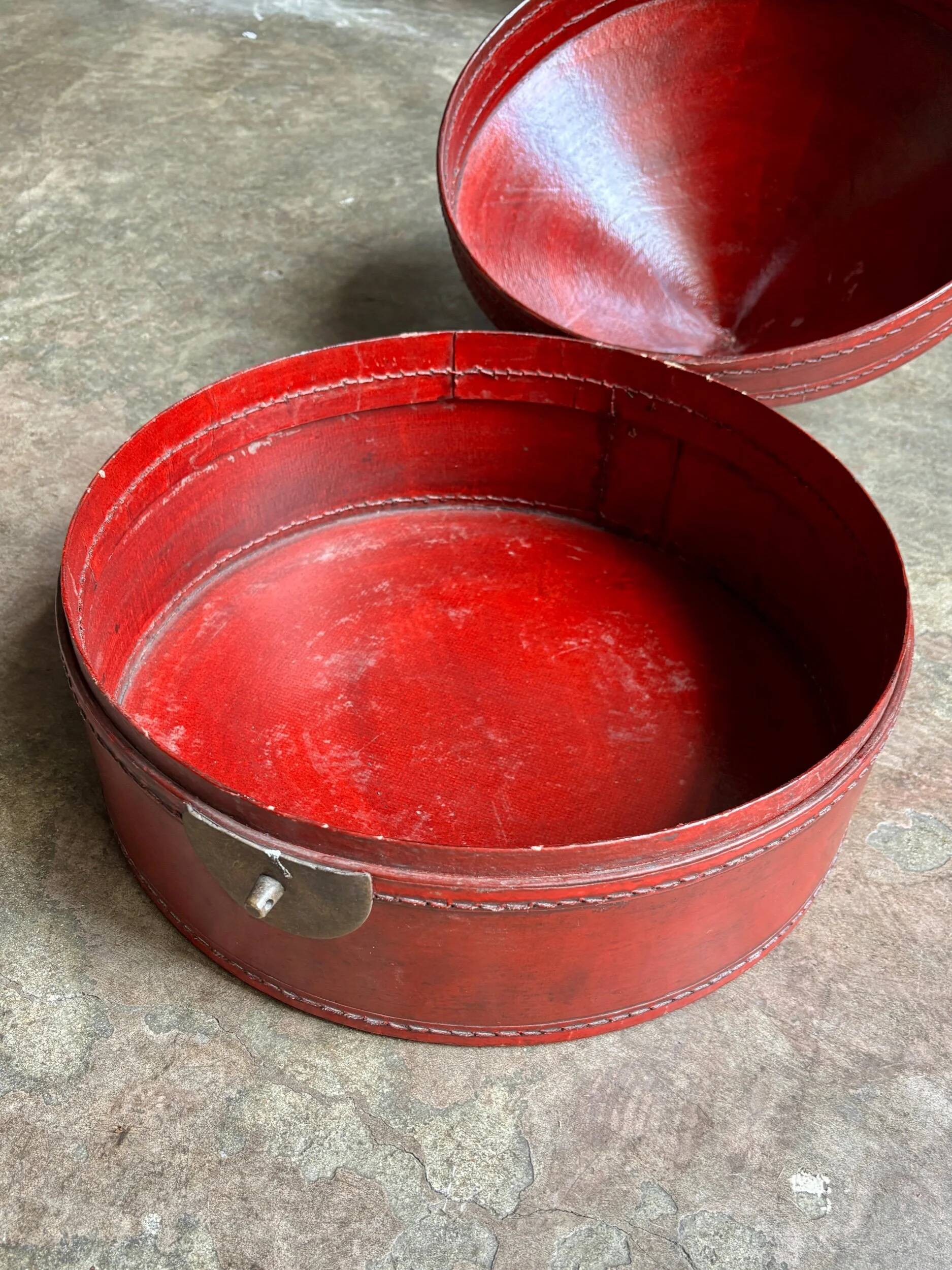 Red leather-covered hat box, China 19th century