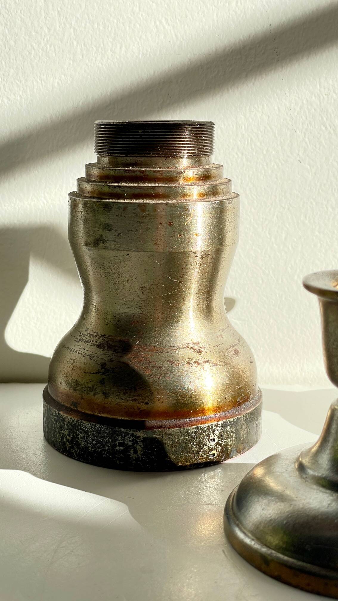 Industrial candle holders steel and silver bronze vintage