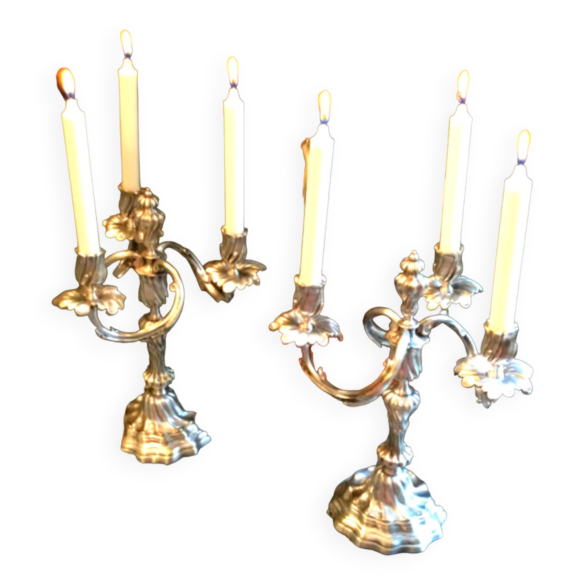Pair of silver metal candelabras rocaille style XIX