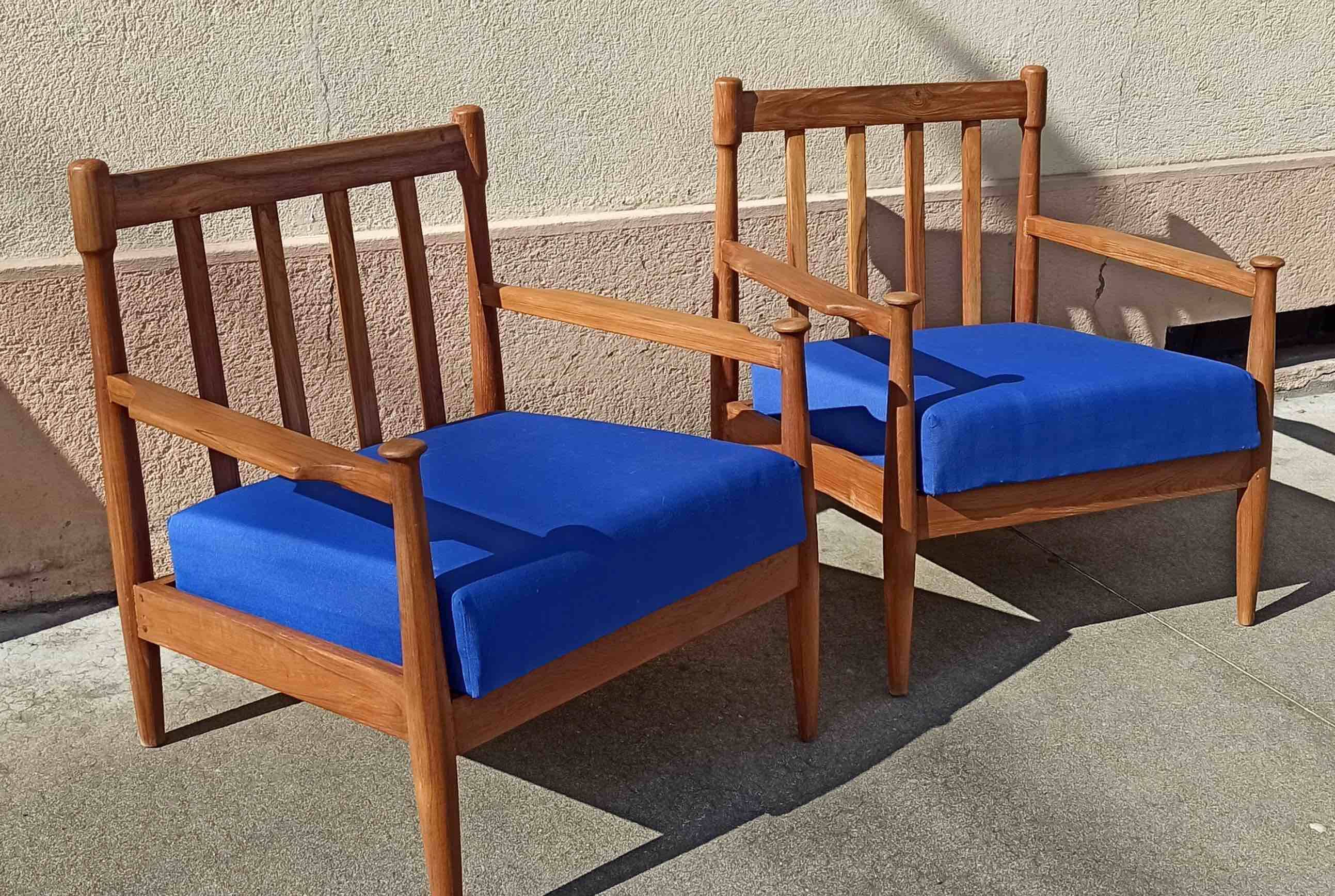 Pair of 1960s Scandinavian armchairs with blue cushions