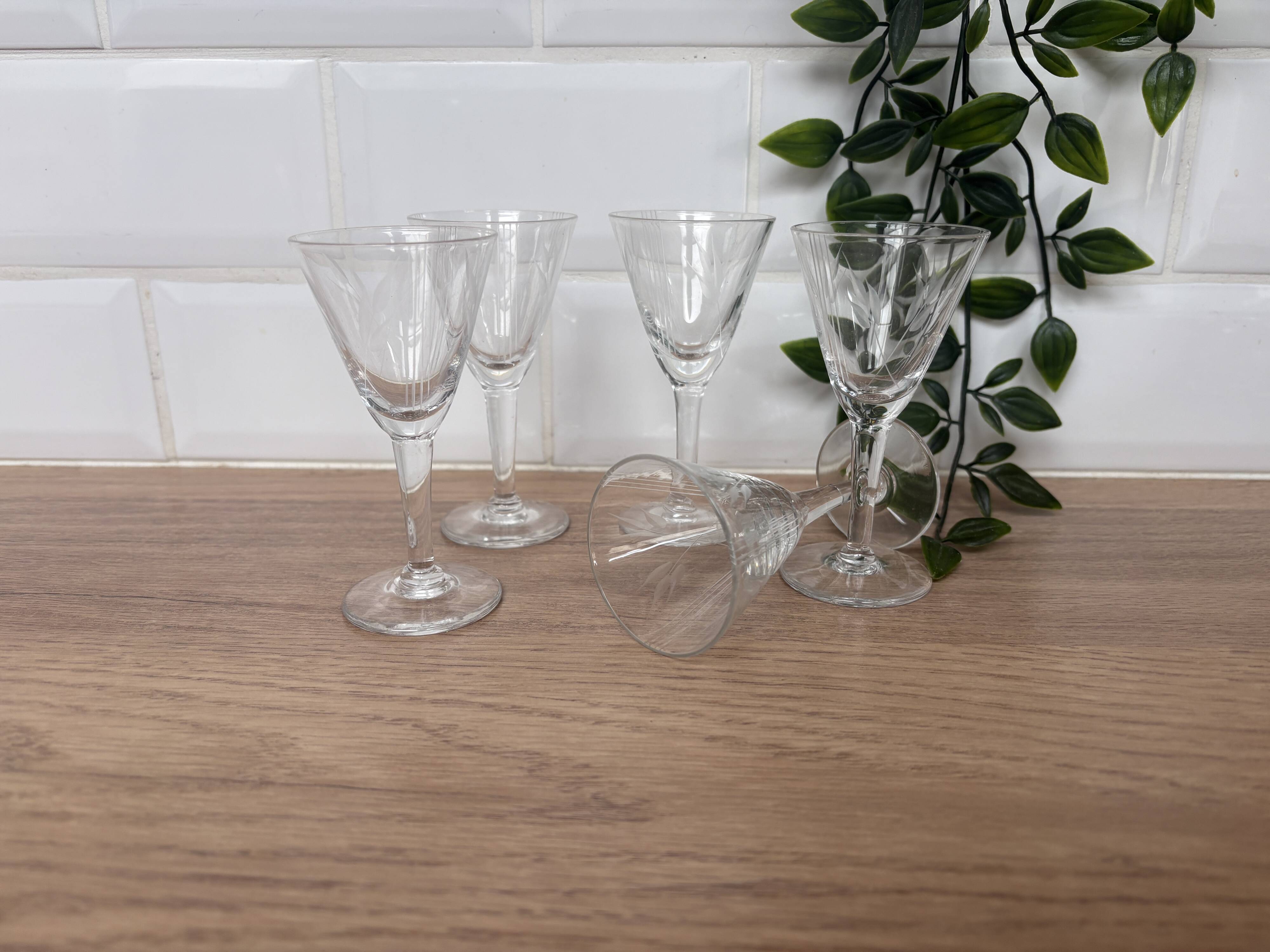 Set of 5 engraved glass liqueur glasses
