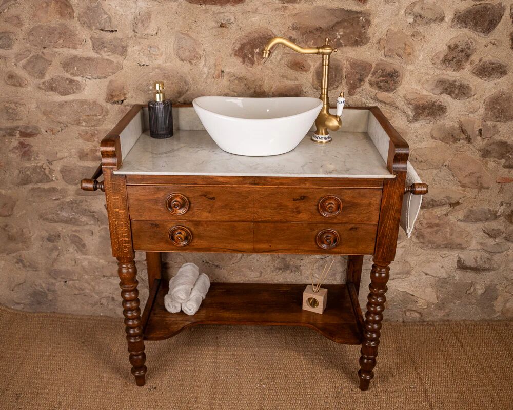 Marble and wood washbasin cabinet in Louis-Philippe style with double drawer.