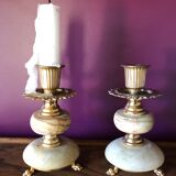Paire de bougeoirs en laiton et marbre