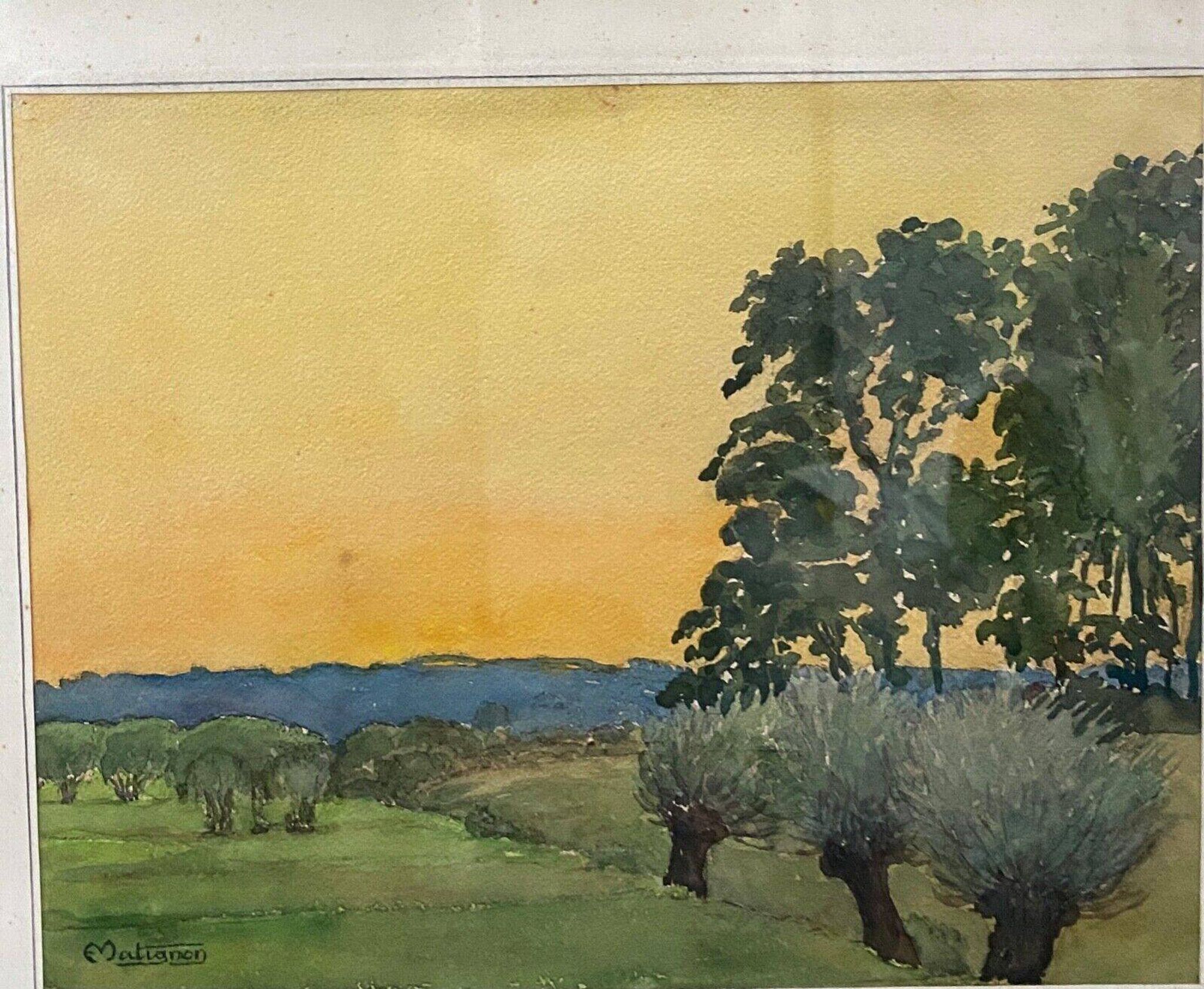 Watercolor rural landscape by Matignon 20th wooden frame