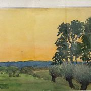 Watercolor rural landscape by Matignon 20th wooden frame