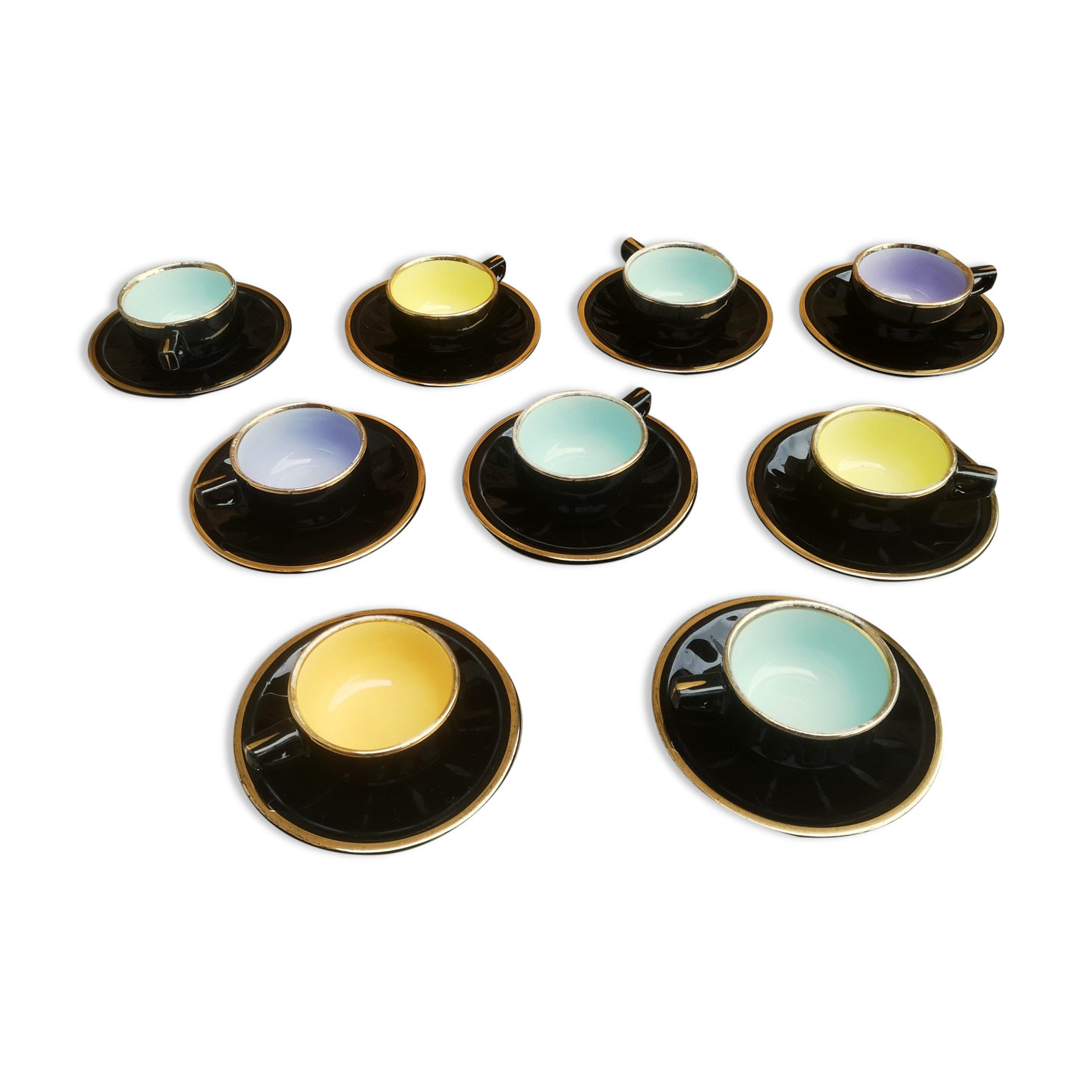 Set of 9 cups and sub-cups in black ceramic and colored gold border