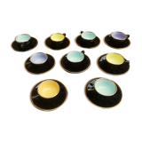 Set of 9 cups and sub-cups in black ceramic and colored gold border