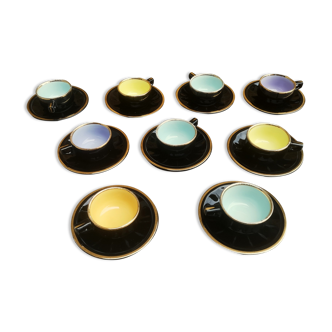 Set of 9 cups and sub-cups in black ceramic and colored gold border