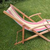 Vintage children's deckchair, sun lounger, striped canvas, 1960-1970.