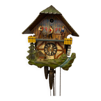 Coucou suisse musical décor of chalet foret noire and bucherons schmechenbecker