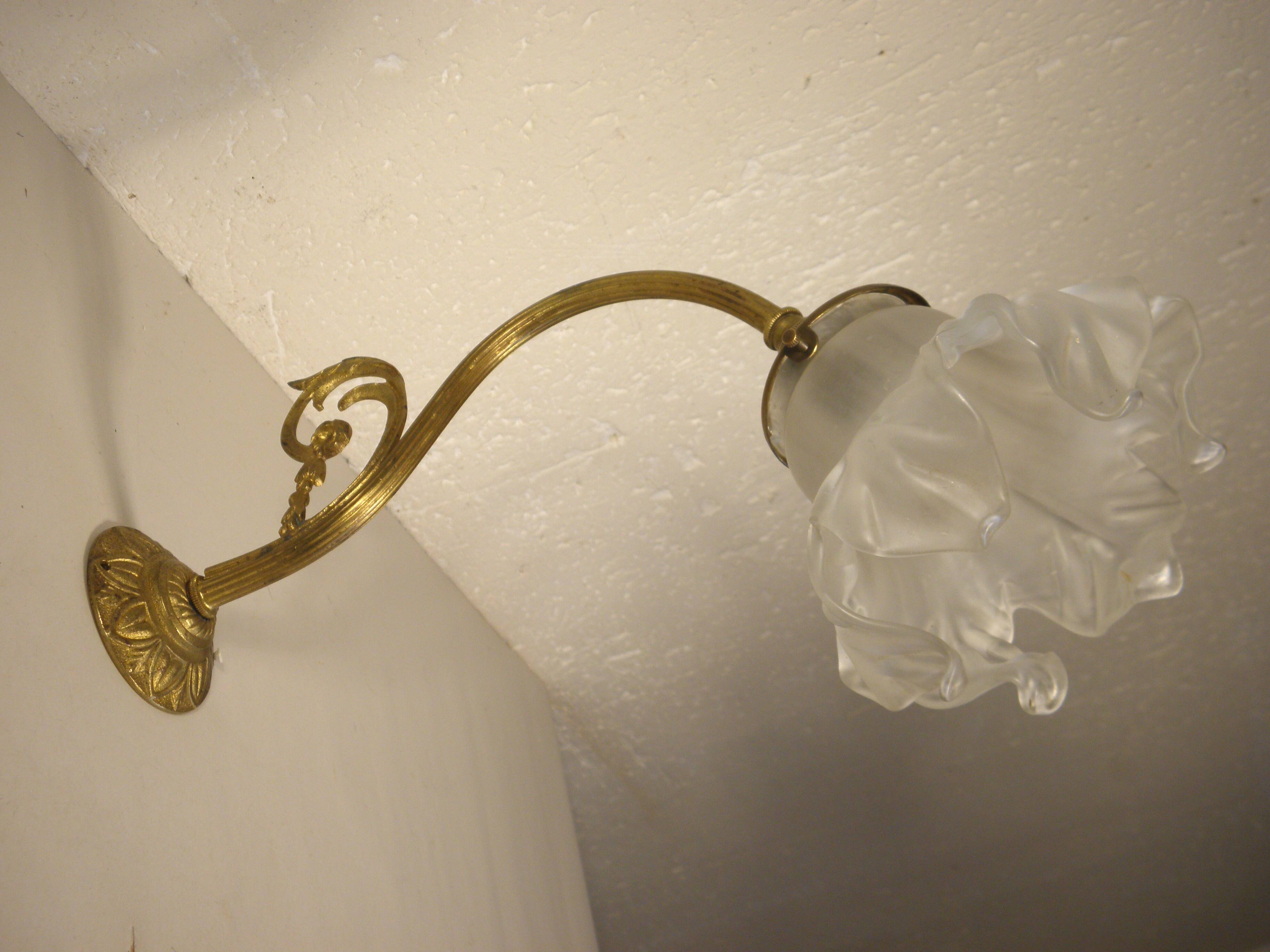 Brass and glass swan neck wall light
