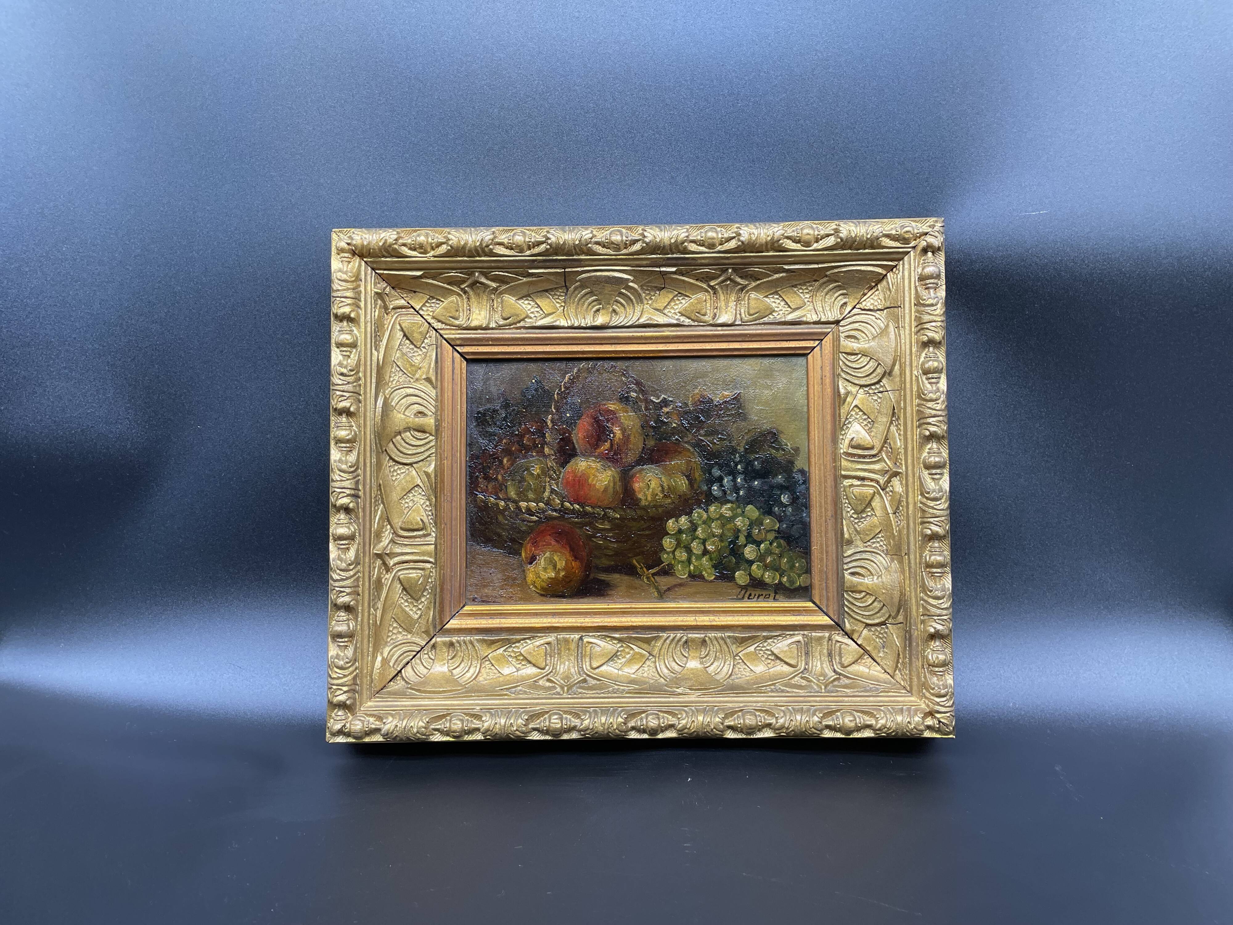 Peinture à l'huile nature morte aux fruits pêches et raisons, panier tressé, signé DURET