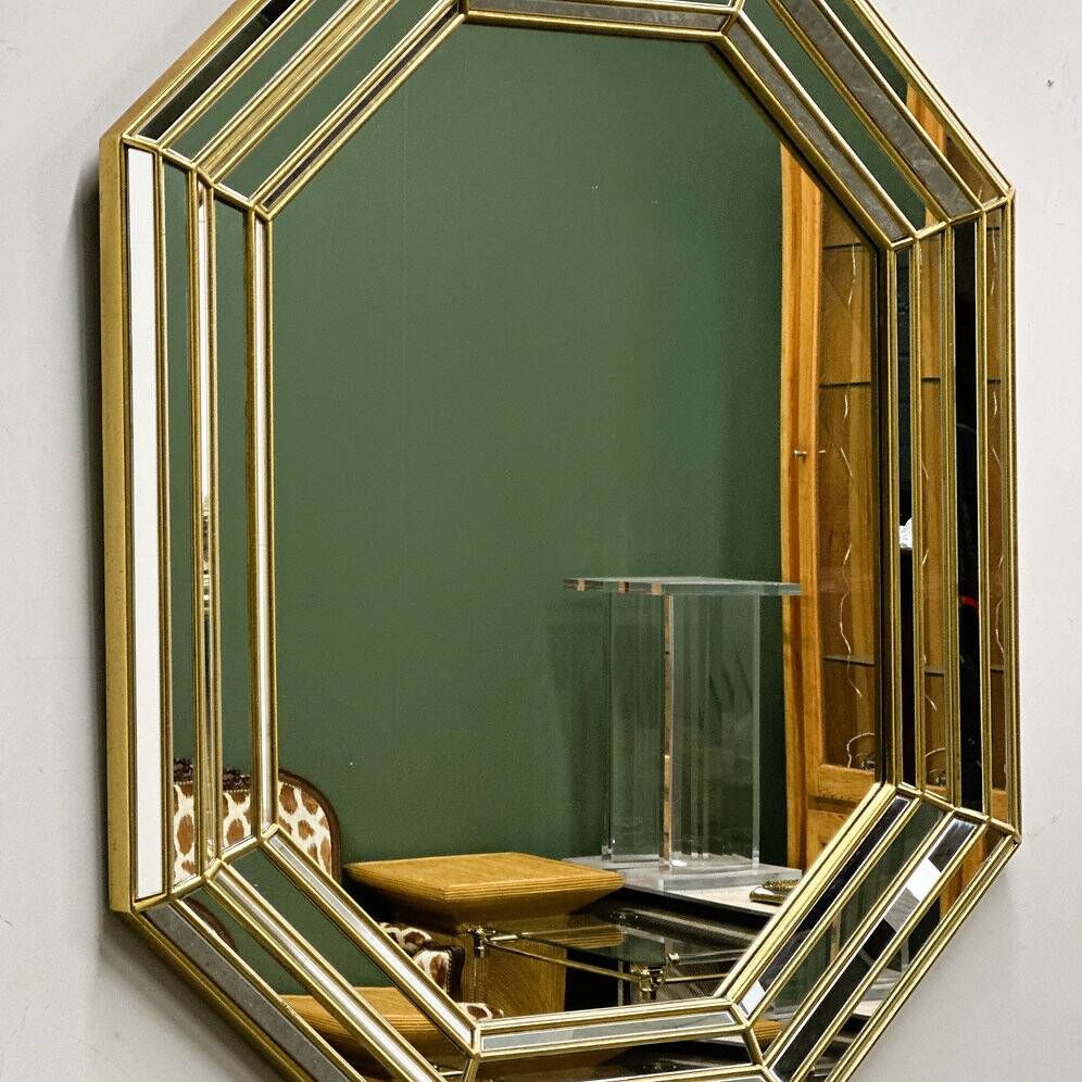 Large octagonal Deknudt wall mirror in layered mirrored glass and gold accents
