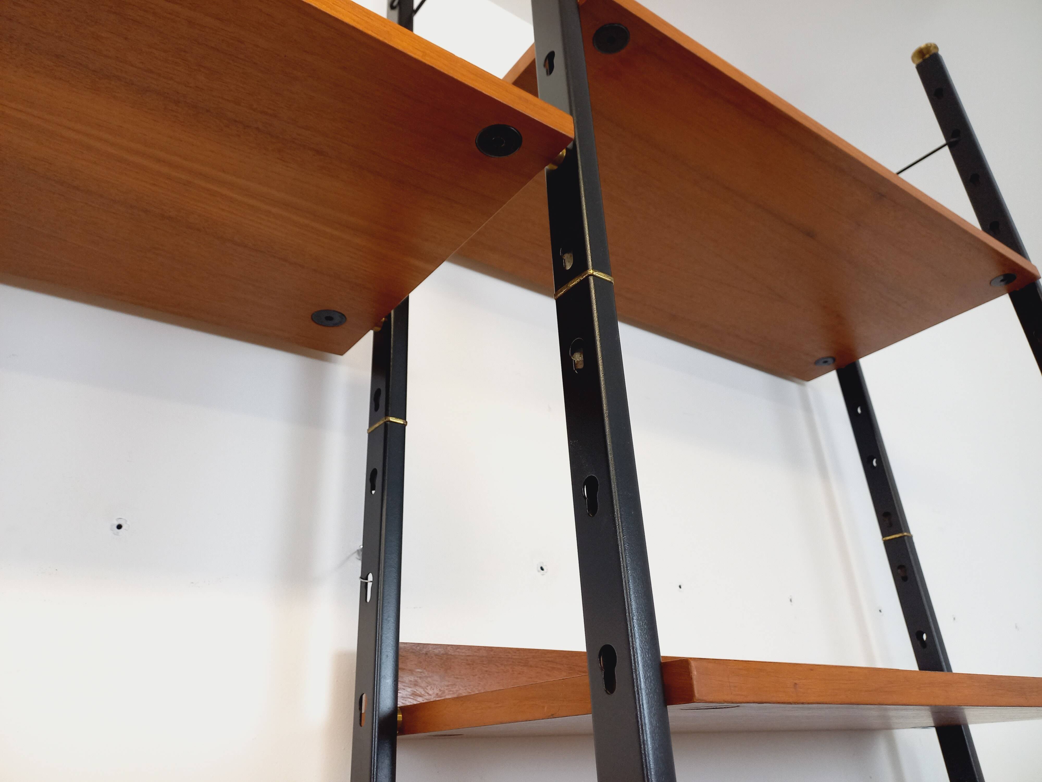 Vintage Italian double modular shelf bookcase in teak and metal