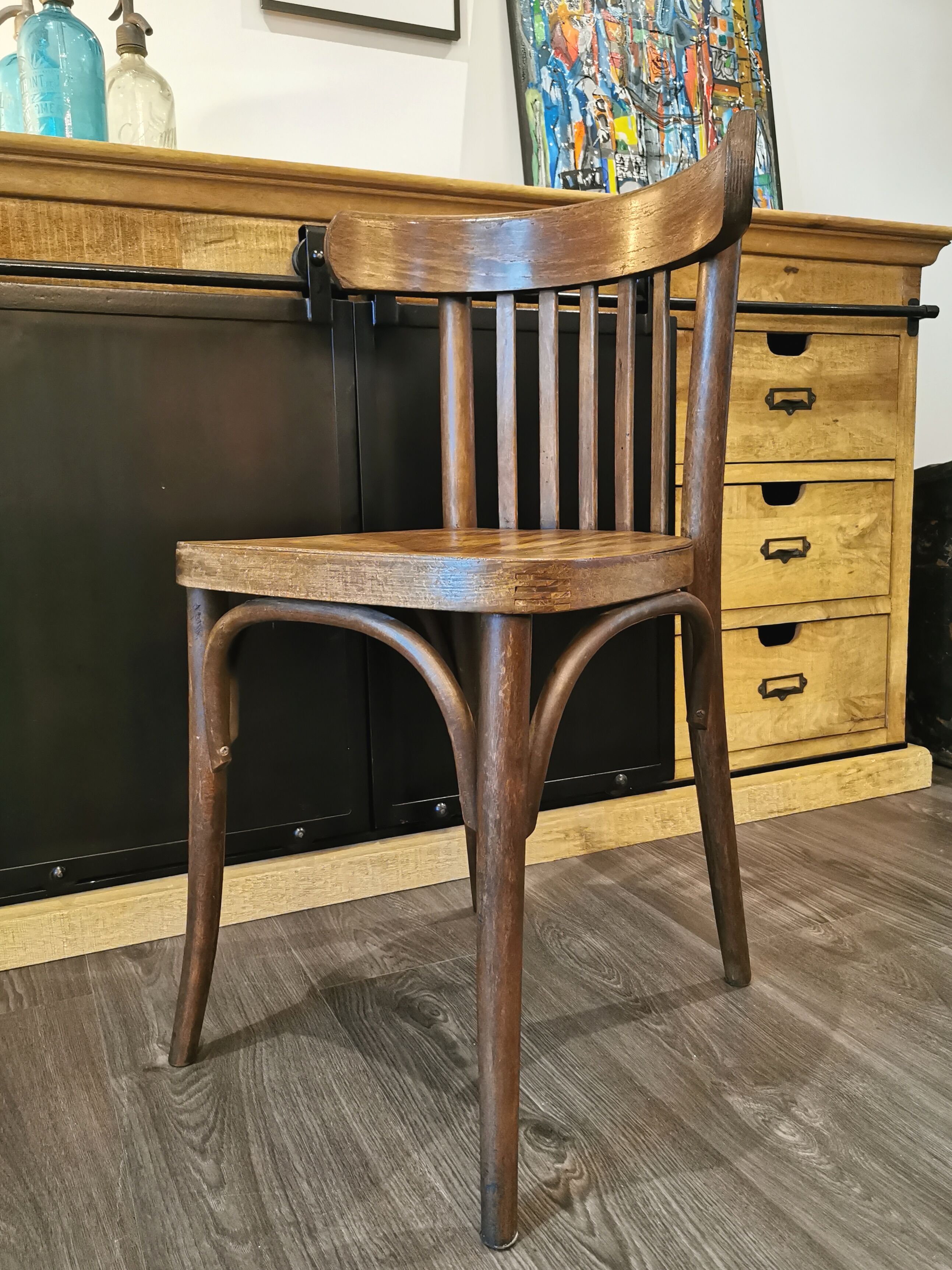 Series of 6 mismatched bistro chairs Baumann and Mahieu
