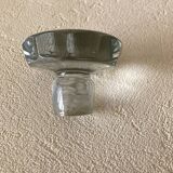 Small carafe in blown cut glass with engraved decoration of vine leaves and grapes, threaded stopper