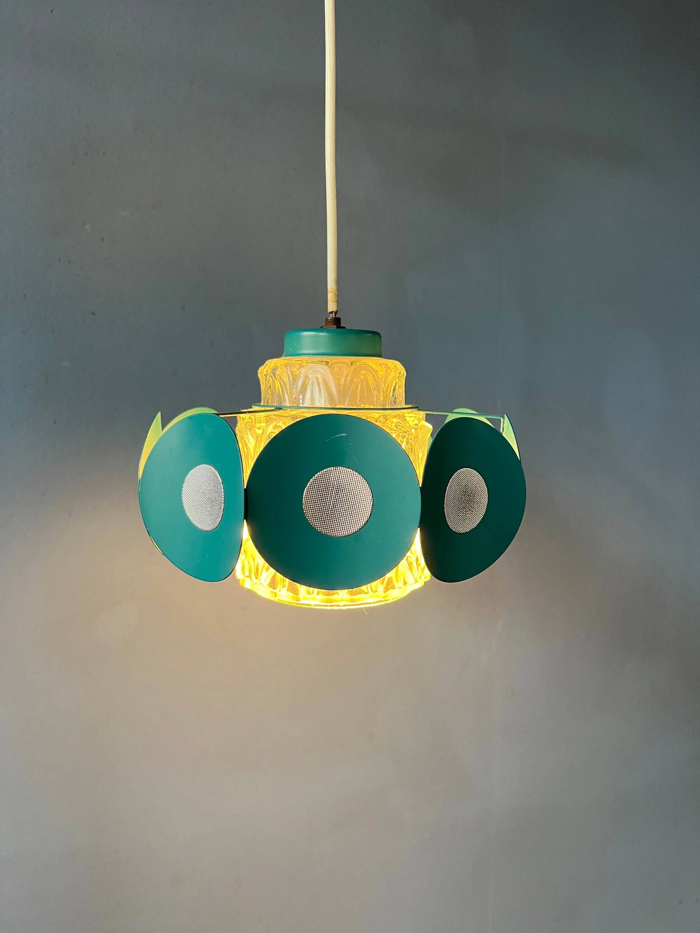 Suspension Space Age with glass shade and green/blue metal structure.