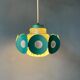 Suspension Space Age with glass shade and green/blue metal structure.