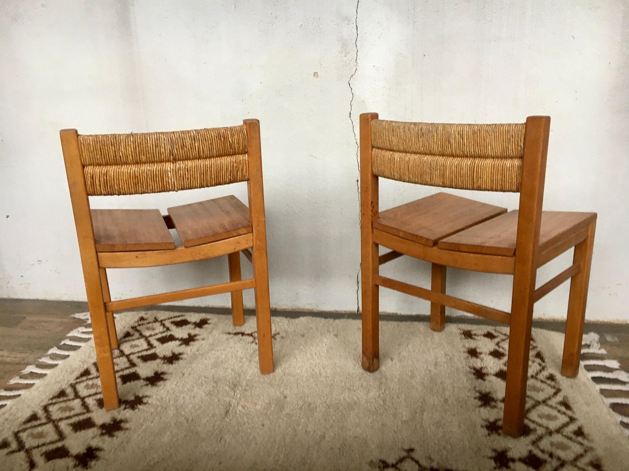 Pair of straw and elm chairs