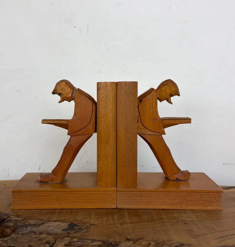 Vintage Mid-Century Cubist German Carved Wood Bookends – Art Deco Style