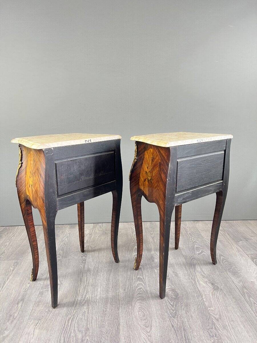 Pair of louis xv style bedside tables in marquetry and marble – 19th century