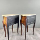 Pair of louis xv style bedside tables in marquetry and marble – 19th century
