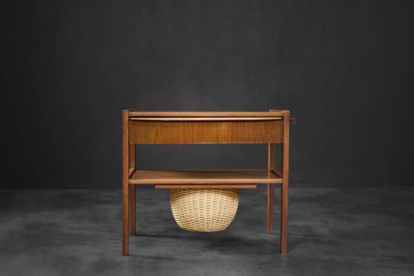 Vintage Mid-Century Danish Modern Teak Thread Side Table with Wicker Basket