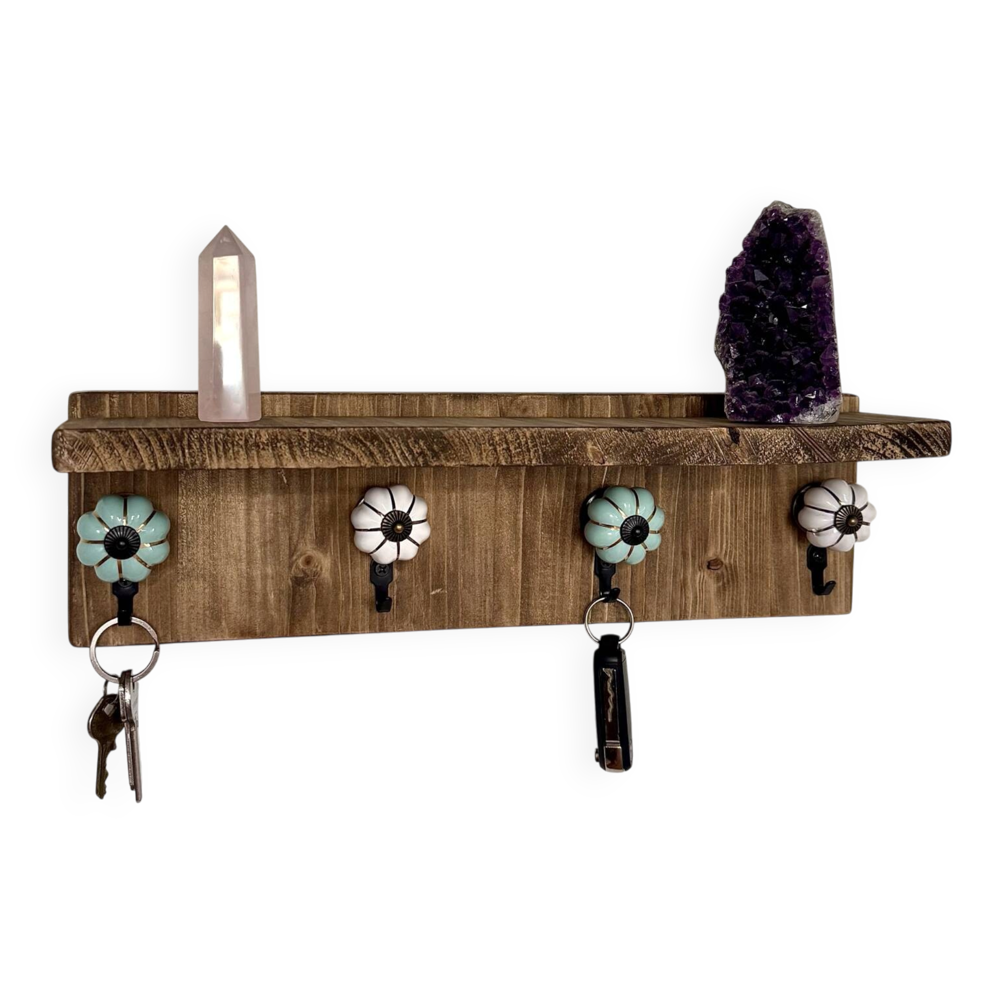 Wooden key holder shelf with hooks and ceramic knobs