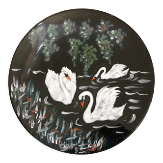 Dish faience de longwy signs l. valenti decor of authentic swans 60s