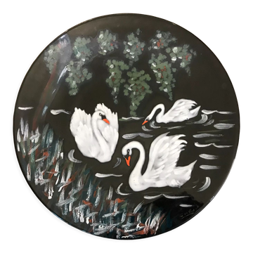 Dish faience de longwy signs l. valenti decor of authentic swans 60s