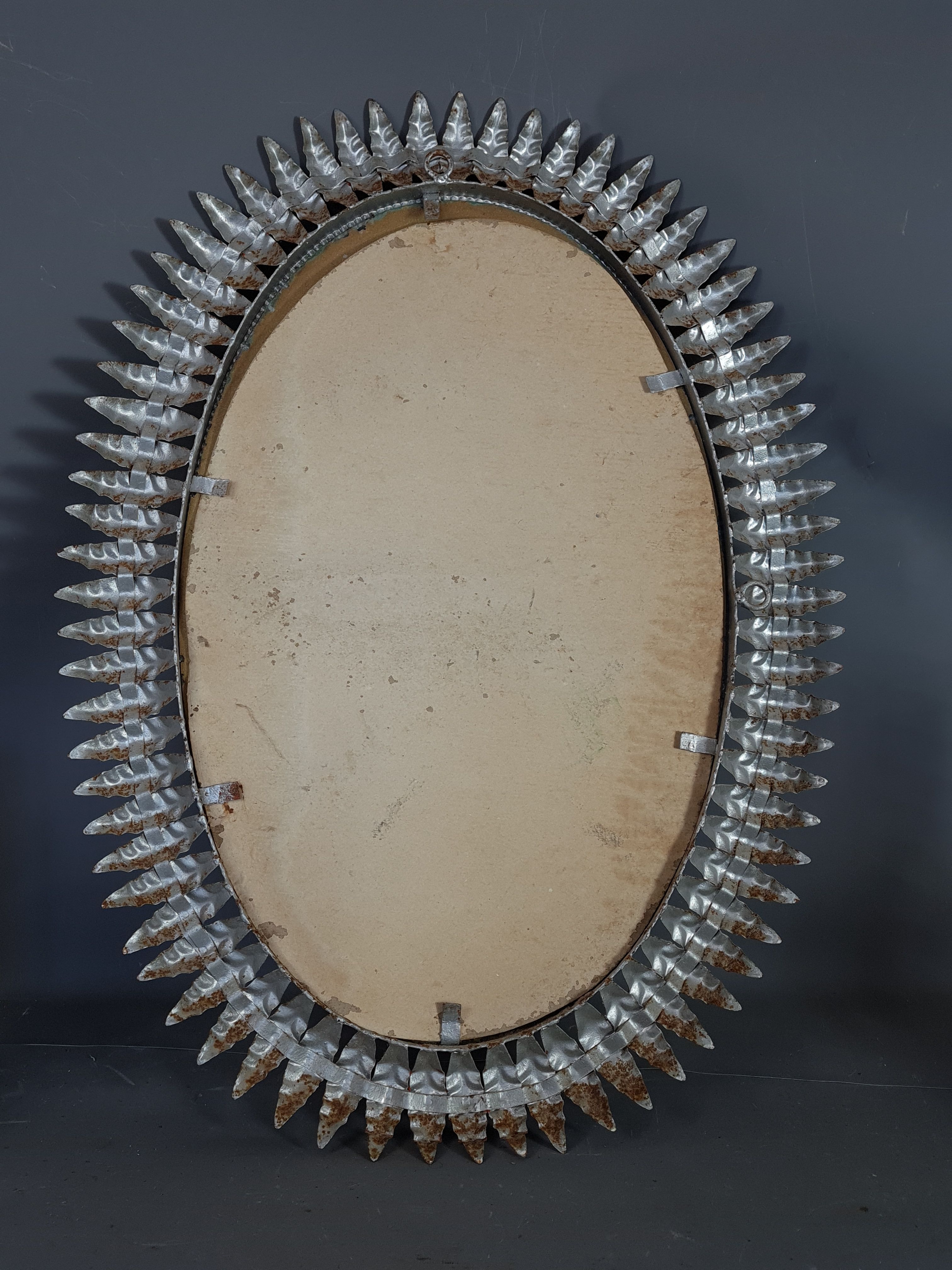 Vintage oval sun mirror 50s, silver metal 76x55 cm SB