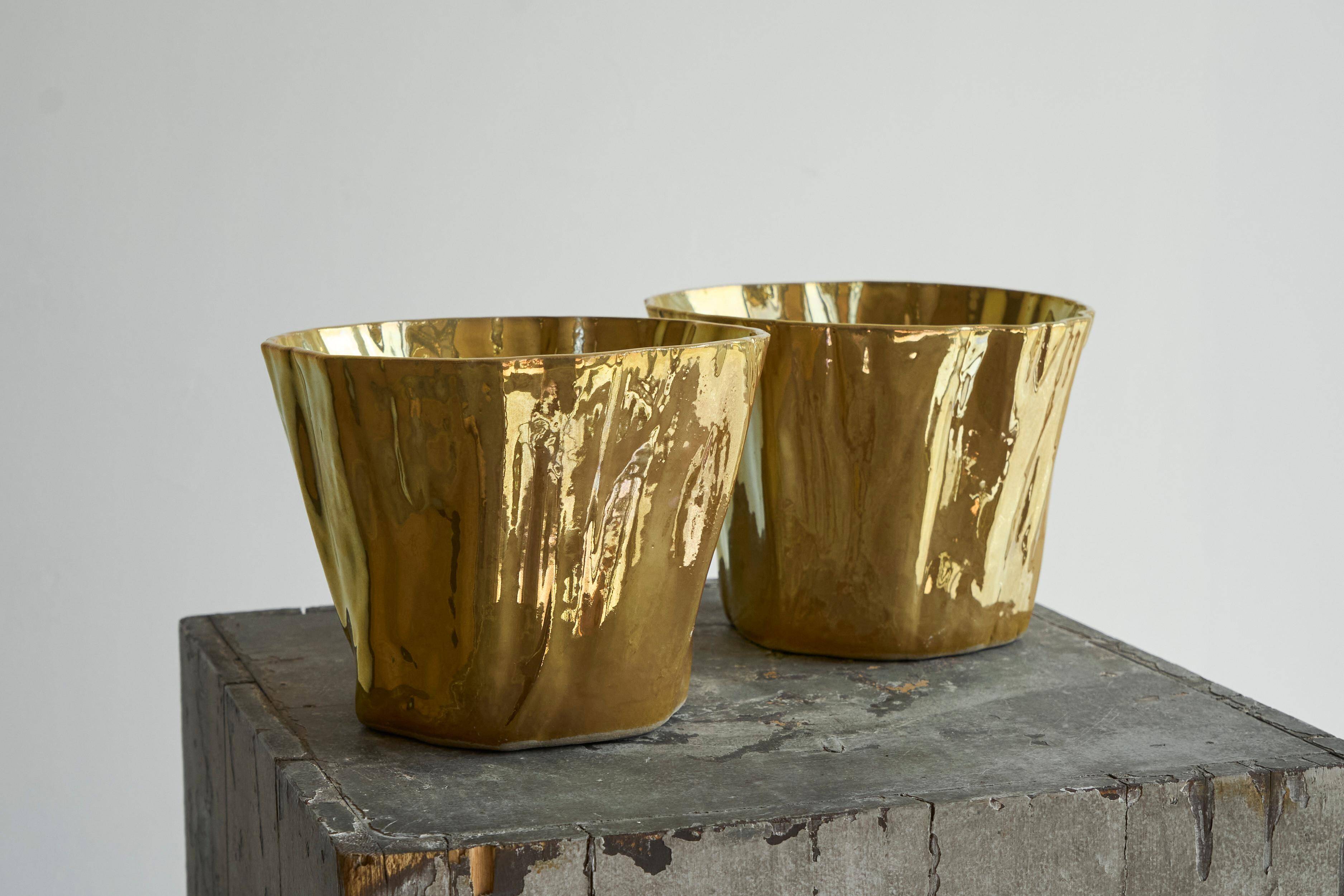 Pair of Kasper Mobach vases in pottery with golden glaze from the 1990s.