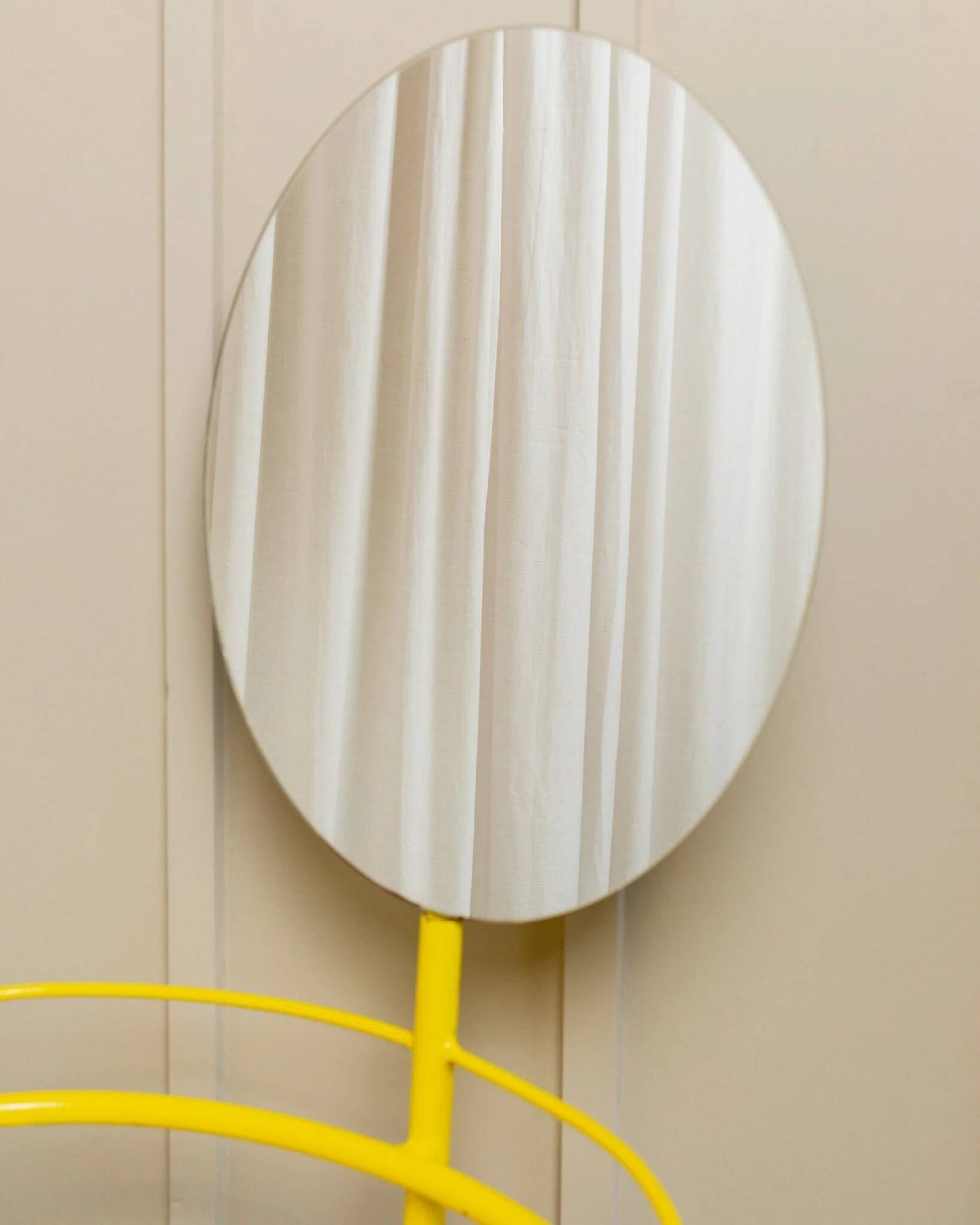 Yellow metal side table with swiveling oval mirror and two tray shelves, vintage 1960s Italy