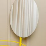 Yellow metal side table with swiveling oval mirror and two tray shelves, vintage 1960s Italy