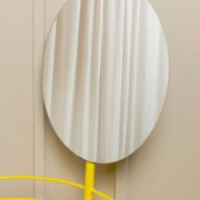 Yellow metal side table with swiveling oval mirror and two tray shelves, vintage 1960s Italy